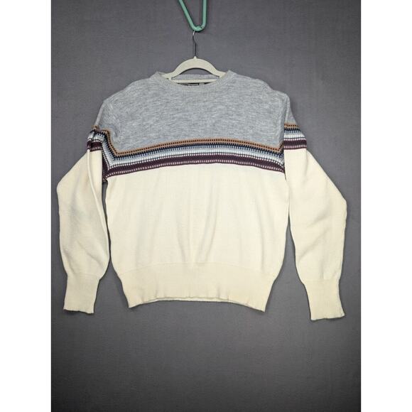 Andrew St. John Sweater Women’s Large Gray White with Stripe Acrylic Vintage - Picture 1 of 7